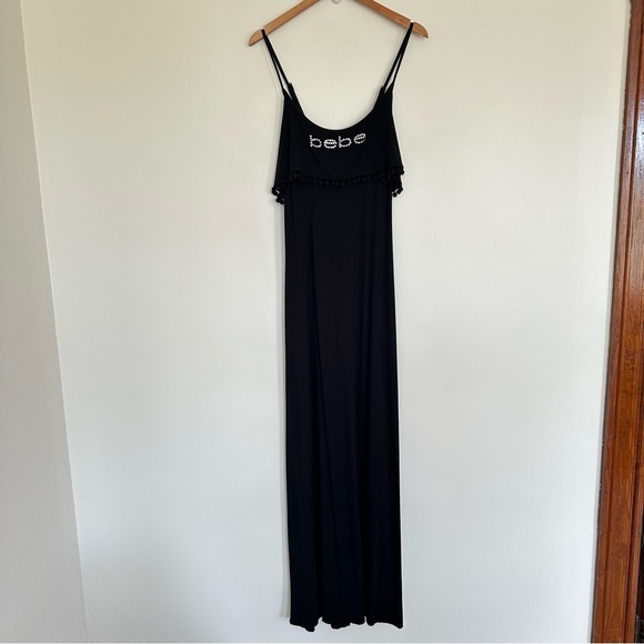 bebe Dresses & Skirts - Bebe Rhinestone Logo Maxi Dress Off-Shoulder Pom Pom Trim Size XL Y2K Bling